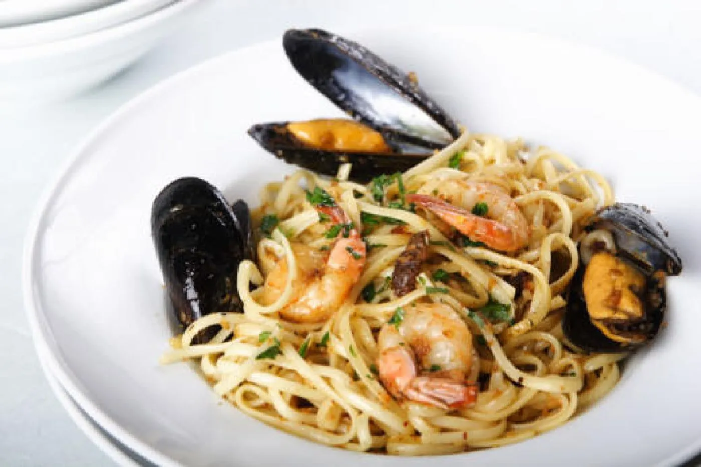 Linguine with shrimp and mussels at a Little Italy restaurant